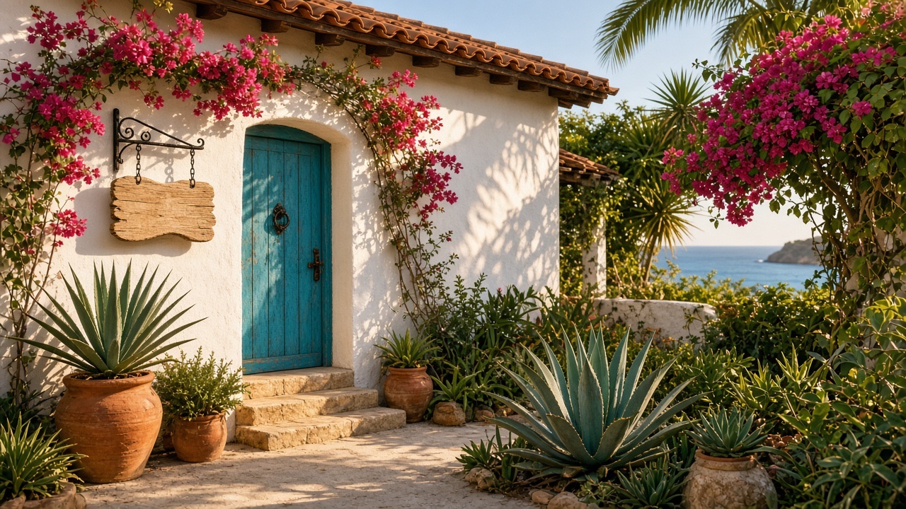 Whitewashed vacation casita with a turquoise door, blank wooden name sign, and bougainvillea near the ocean