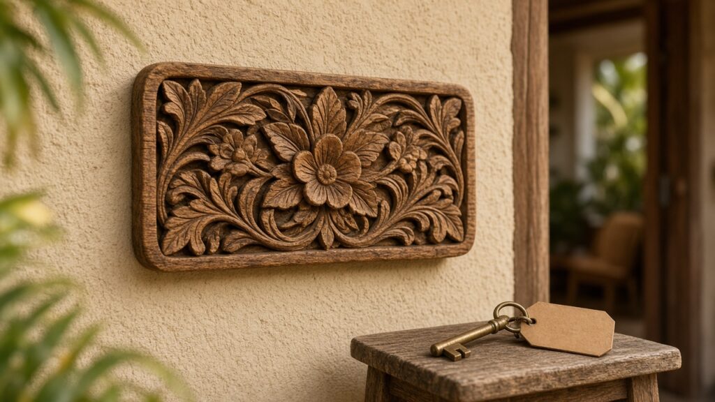 Carved wooden name sign on a stucco wall beside a vintage key with a blank tag